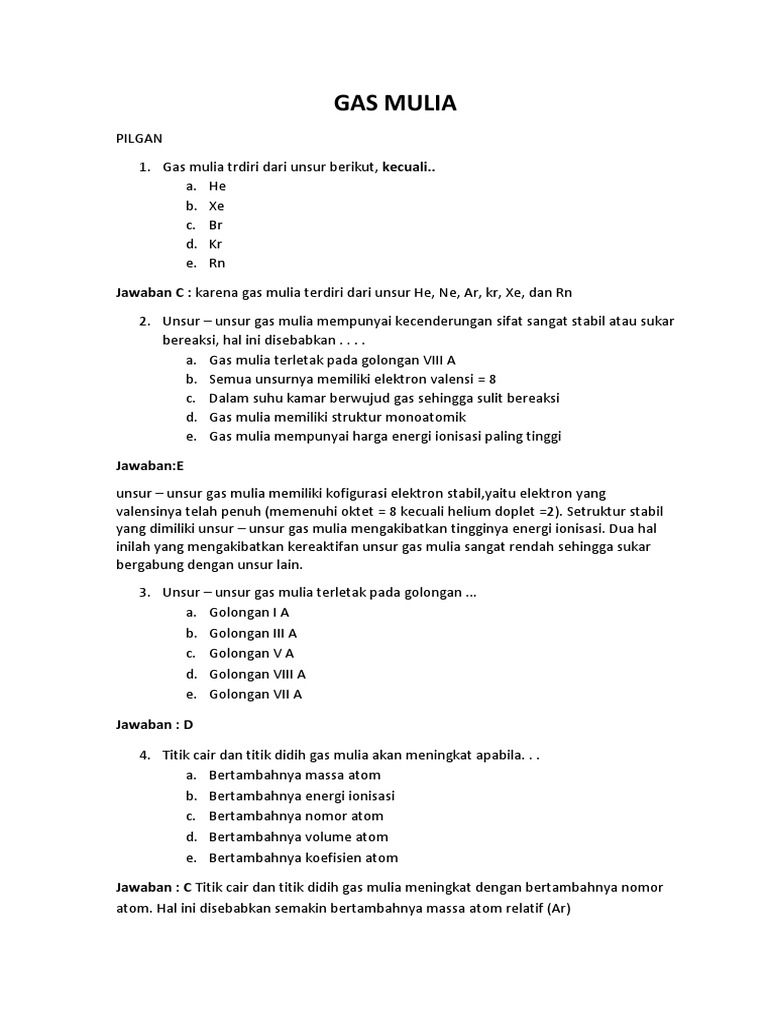 Soal Gas Mulia Dan Halogen