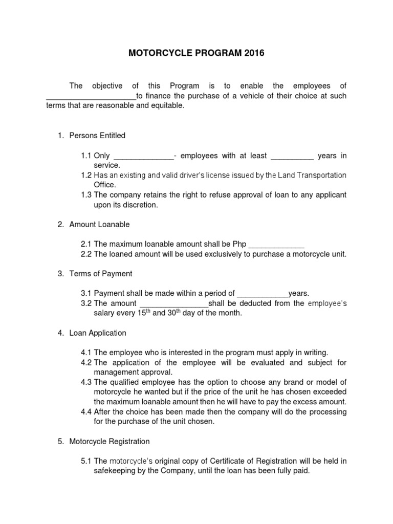 Motorcycle Program 2016: - To Finance The Purchase of A Vehicle of ...