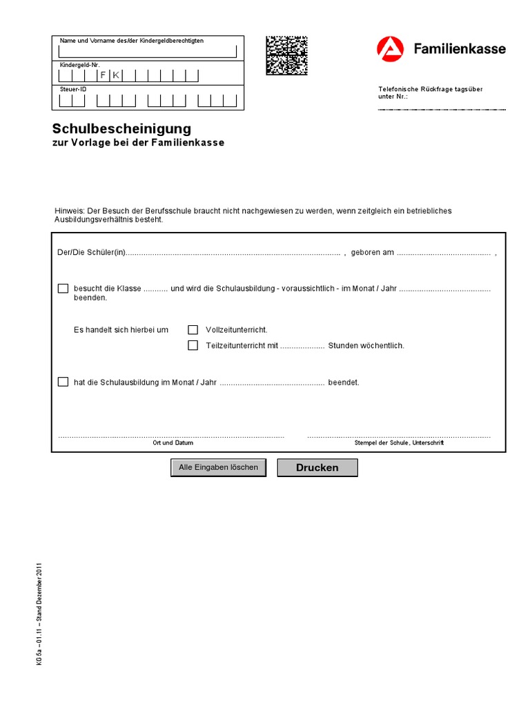 Schulbescheinigung Zur Vorlage Bei Der Familienkasse Po Polsku