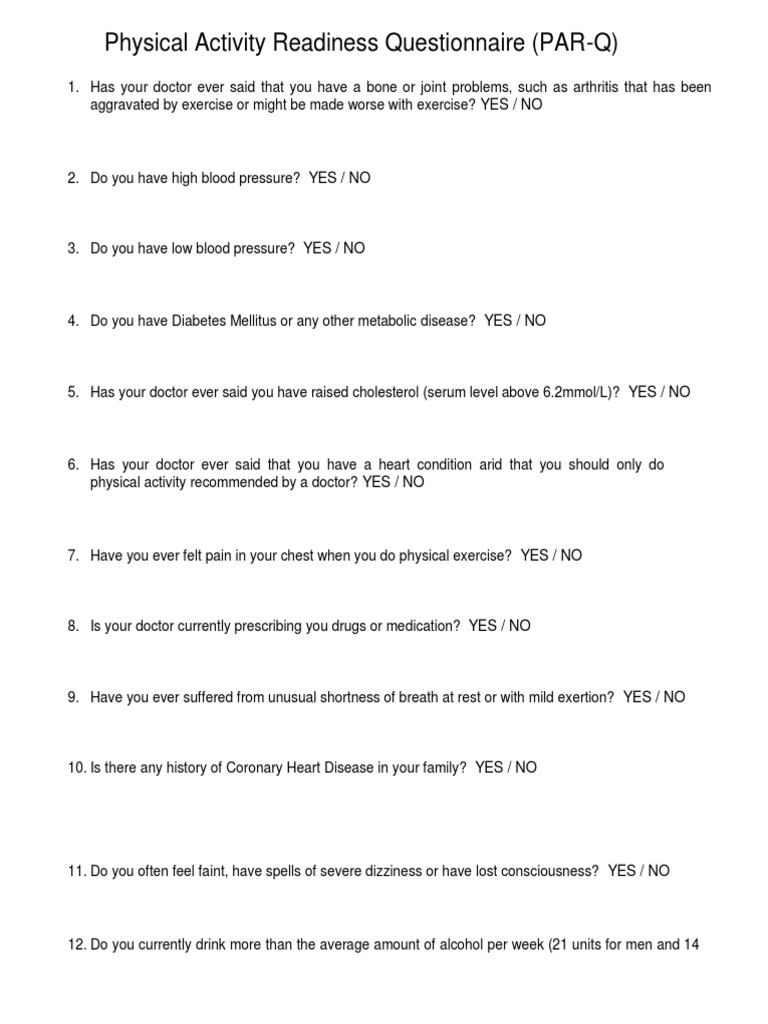 Physical Activity Readiness Questionnaire (PAR-Q) : Yes / No | PDF ...