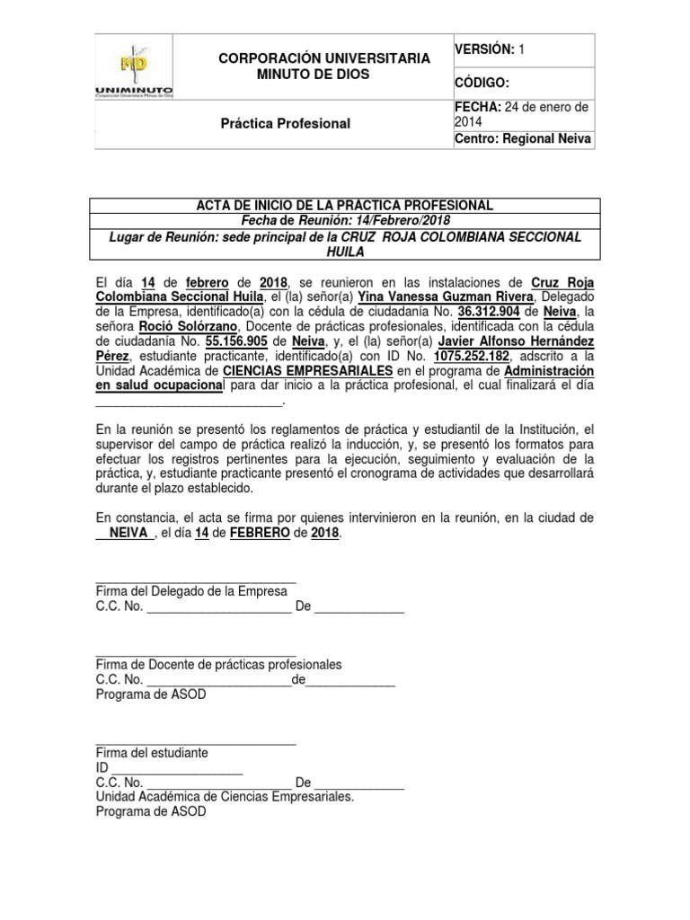 Acta de Inicio de Práctica Profesional | PDF | Crecimiento personal y ...