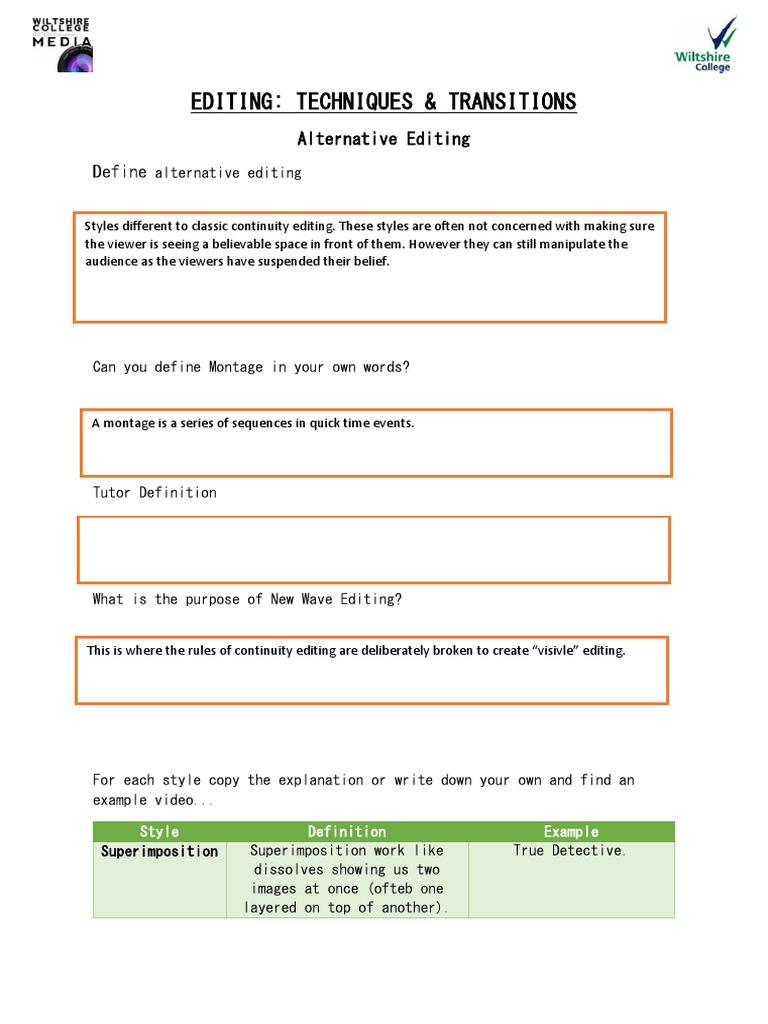 Editing Techniques And Transitions Alternative Editing Pdf Leisure