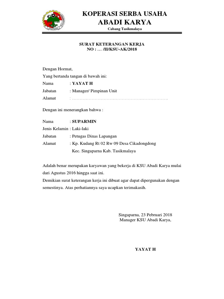 Surat Keterangan Kerja KOPERASI SERBA USAHA