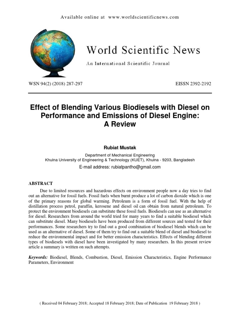 Effect of Blending Various Biodiesels With Diesel On Performance and ...