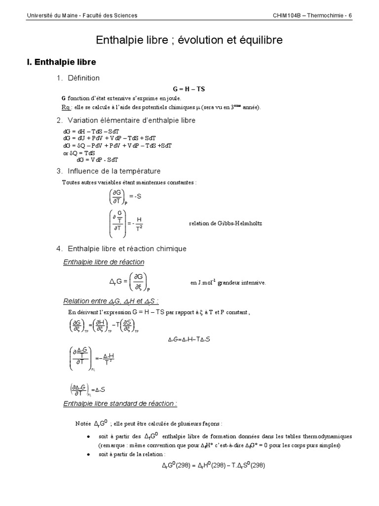 Enthalpie libre et équilibre chimique | PDF | Enthalpie | Propriétés ...