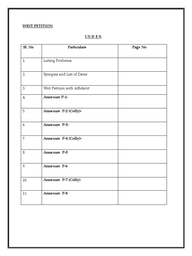 Writ Petition Index Sl. No Particulars Page No: 1. Listing Proforma ...