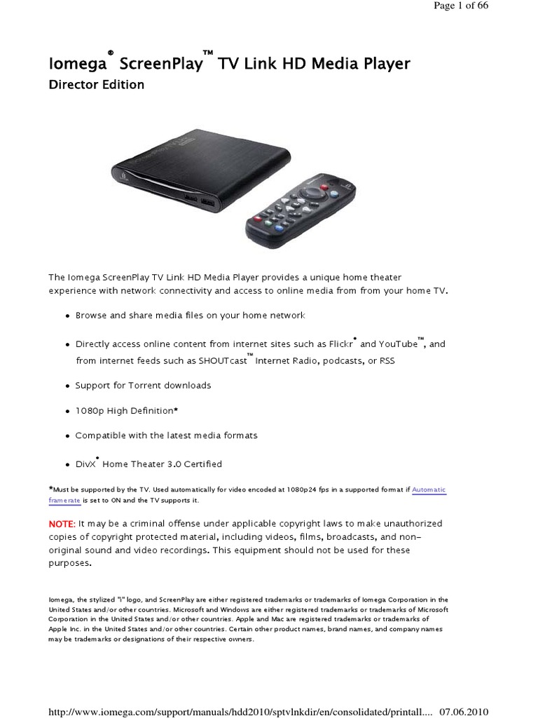 Iomega ScreenPlay TV Link HD Media Player - Inmac | PDF | Hdmi.