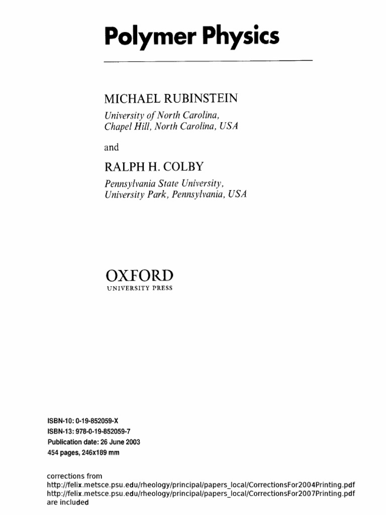 Polymer Physics Michael Rubinstein, Ralph H Colby-Standand
