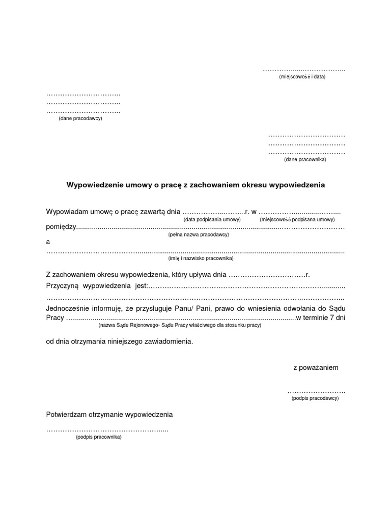 Wypowiedzenie Umowy O Pracę Z Zachowaniem Okresu Wypowiedzenia Pdf