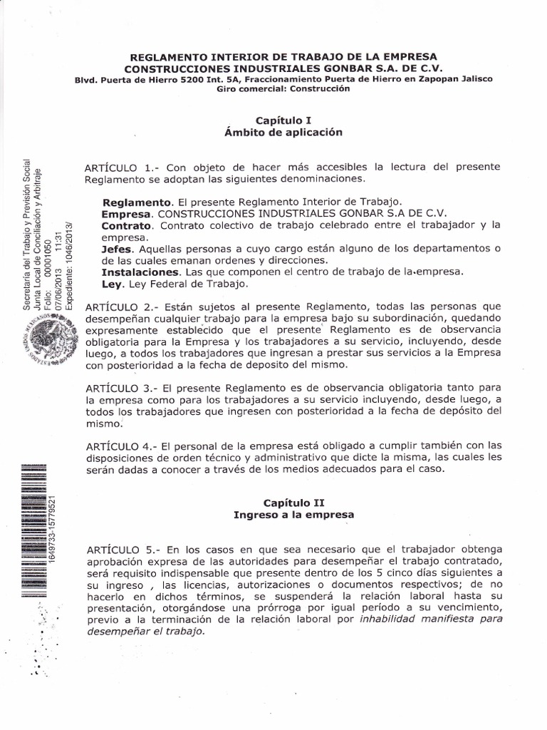 Reglamento Interior de Trabajo Gonbar S.A. | PDF | Tiempo de trabajo ...