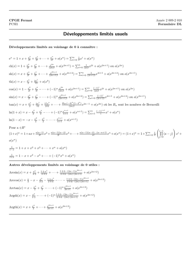 Formulaire des Développements Limités | PDF