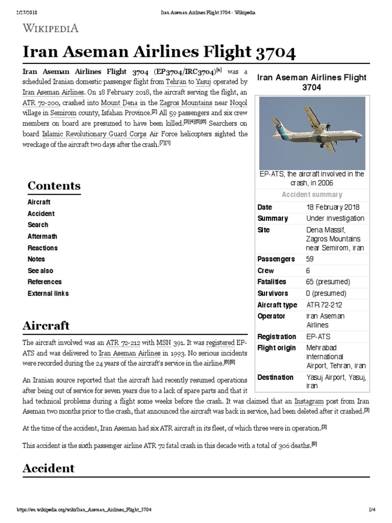 Iran Aseman Airlines Flight 3704 Aviation Accidents And Incidents