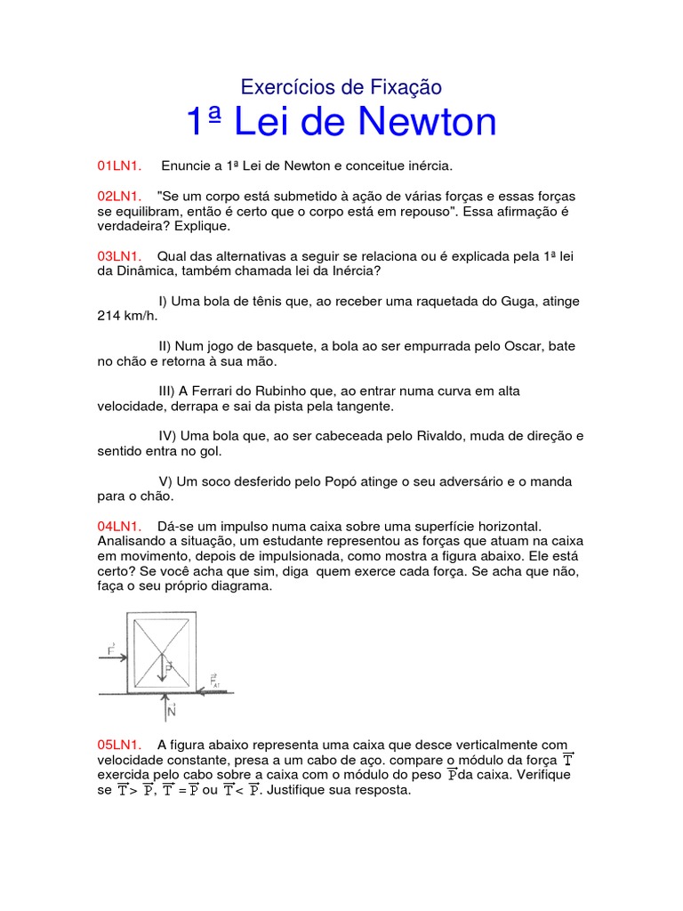 Exercícios sobre a 1ª Lei de Newton | PDF | Leis do Movimento de Newton ...