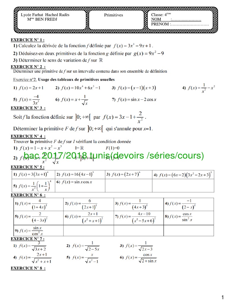 Primitives Tale Exercices Corrigés – AXZDY