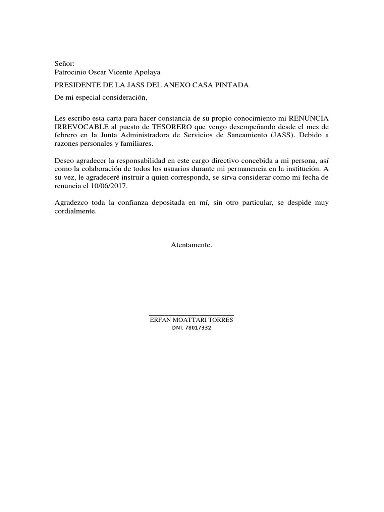 Carta de Renuncia A Un Cargo Directivo PDF