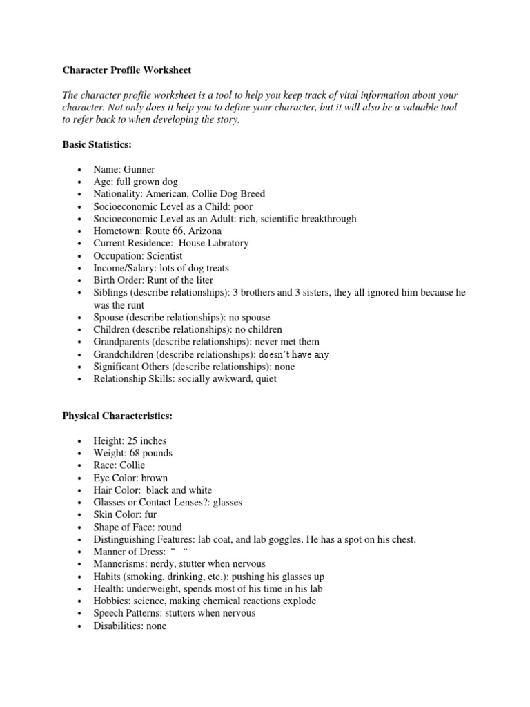 Character Profile Worksheet 1 | PDF | Dogs | Hero