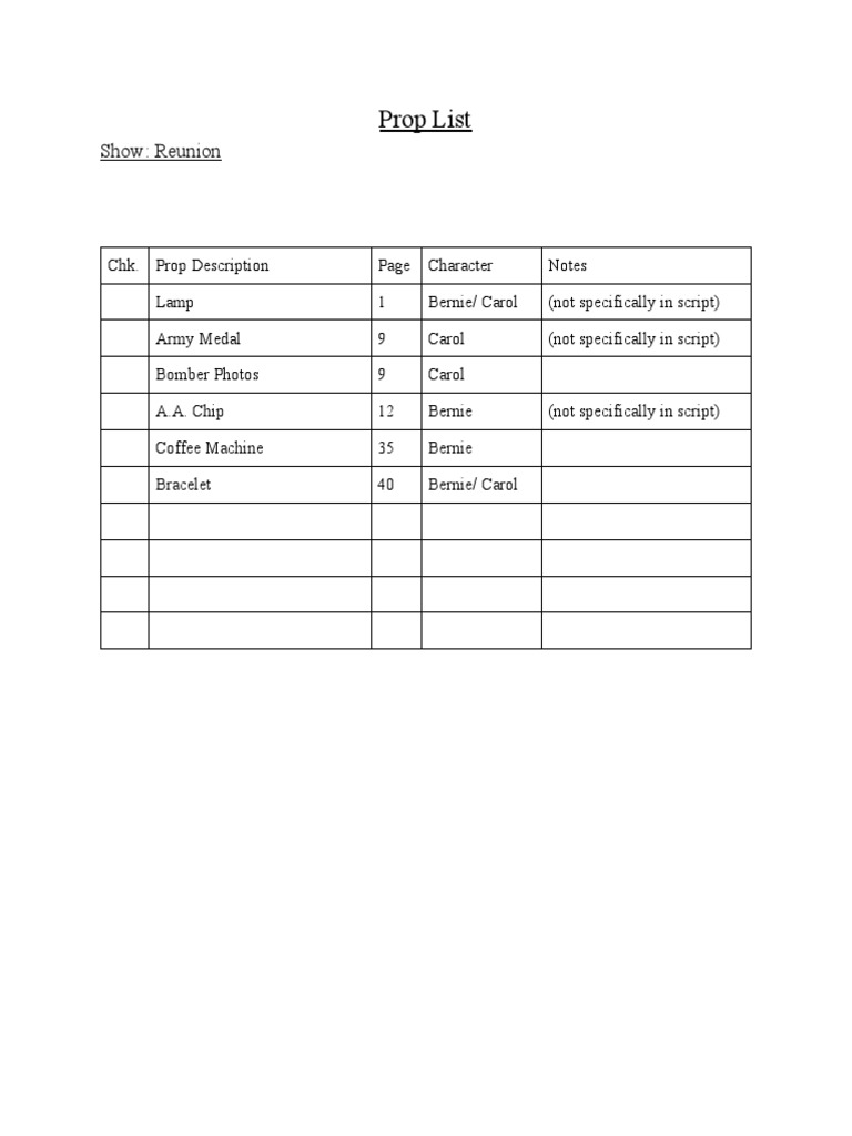 Prop List: Show: Reunion | PDF | Art