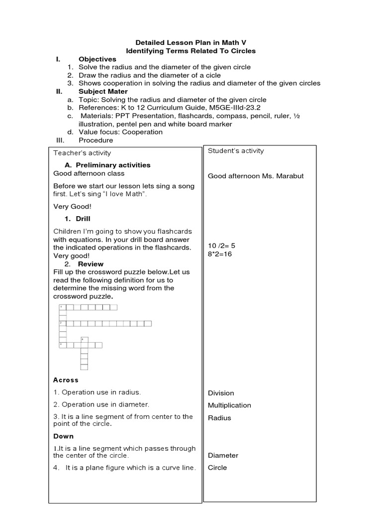 Grade 5 Lesson Plan: Circles and Measurements | PDF | Circle | Diameter