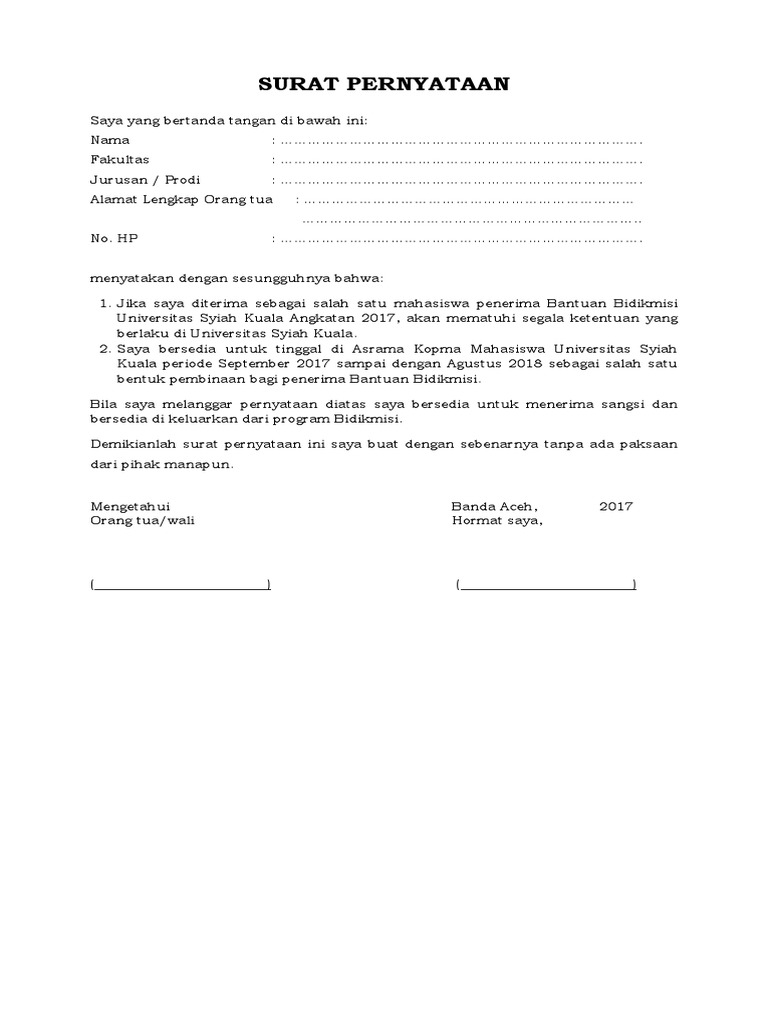 Surat Pernyataan Tinggal Asrama PDF