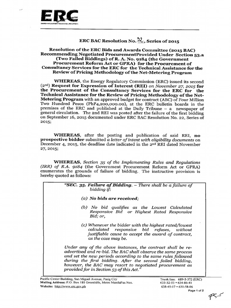 ERC BAC Resolution No 32 Series of 2015 PDF Government Business