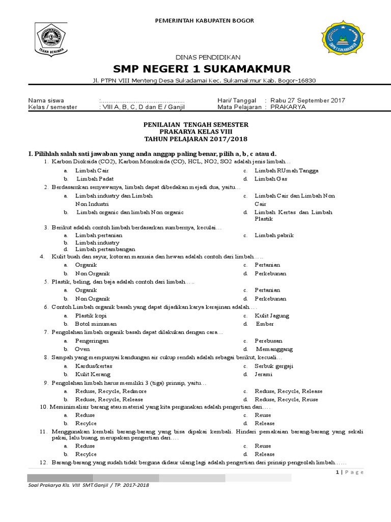 Soal Materi Prakarya Kelas 8 Semester 1