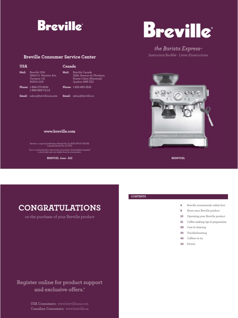 Breville Bes870xl User Manual PDF Manufactured Goods Nature