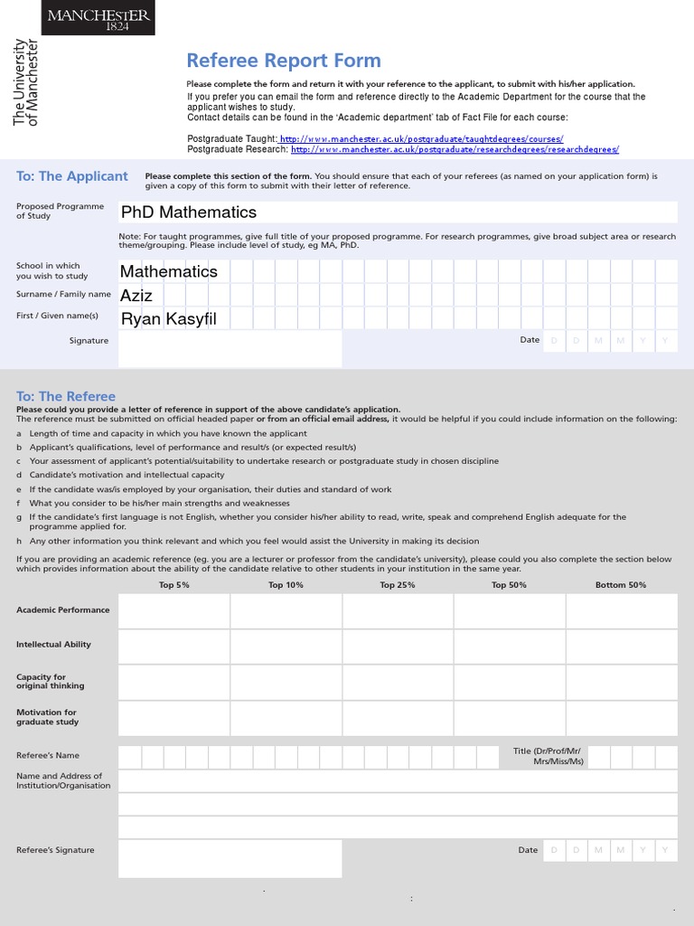 University of Manchester Reference Form | PDF | Postgraduate Education ...