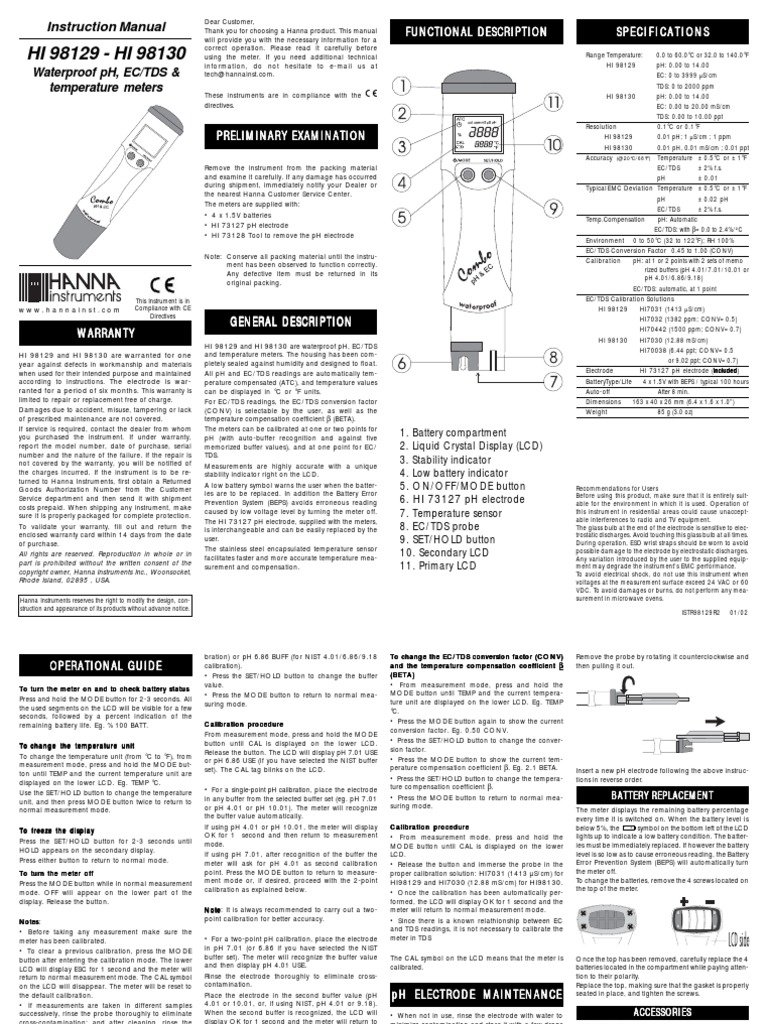 Manual Hanna EC HI 98130 PDF PDF Ph Calibration