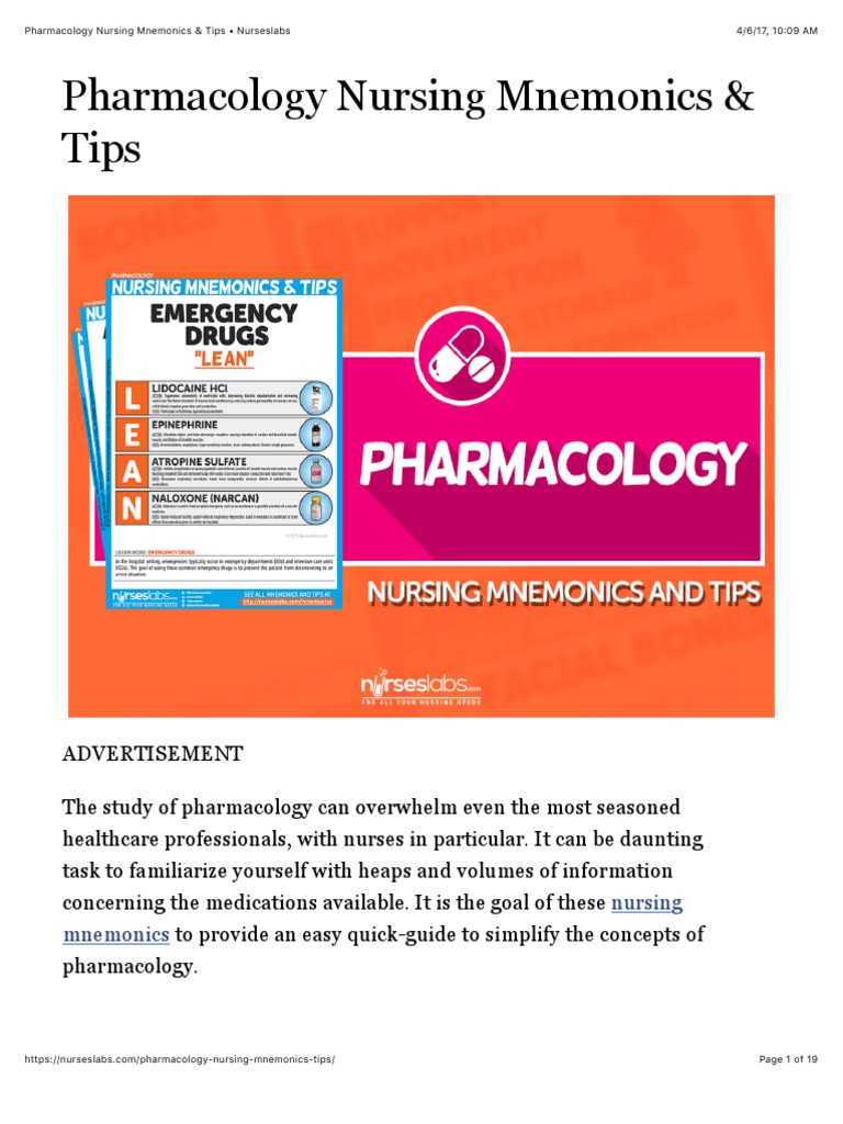 Pharmacology Nursing Mnemonics &amp; Tips - Nurseslabs | PDF | Heart ...