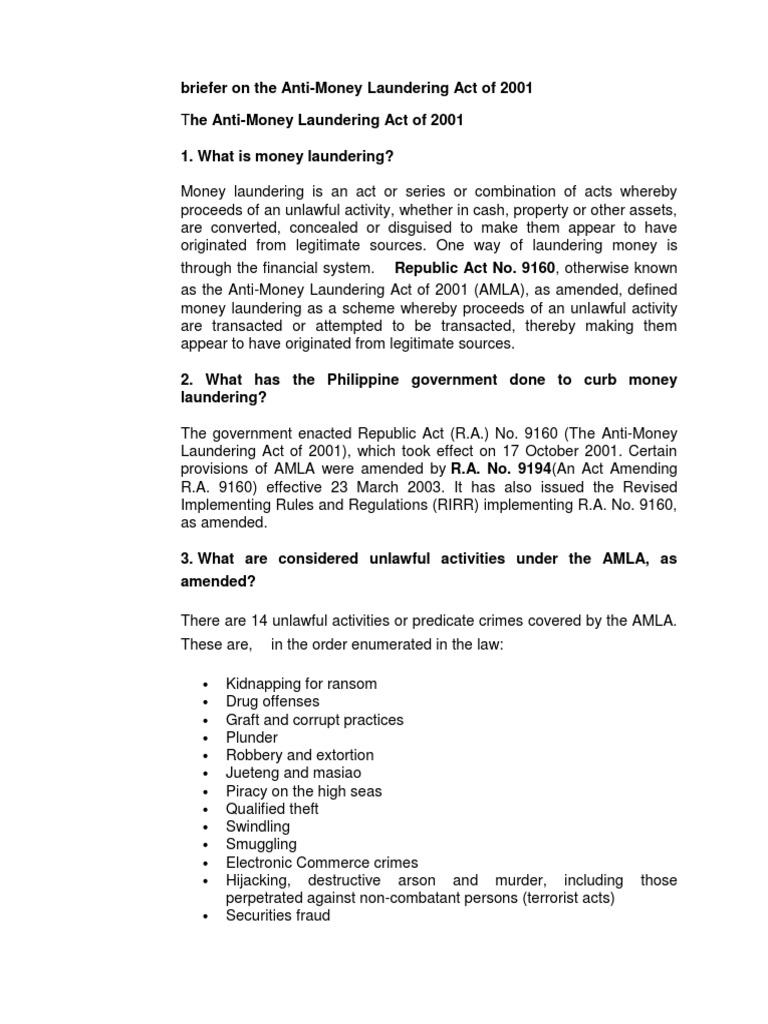 Briefer On The Anti-Money Laundering Act of 2001 | PDF | Money ...