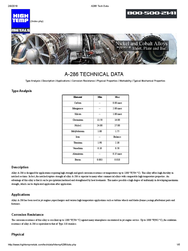 A286 Tech Data | PDF | Alloy | Strength Of Materials