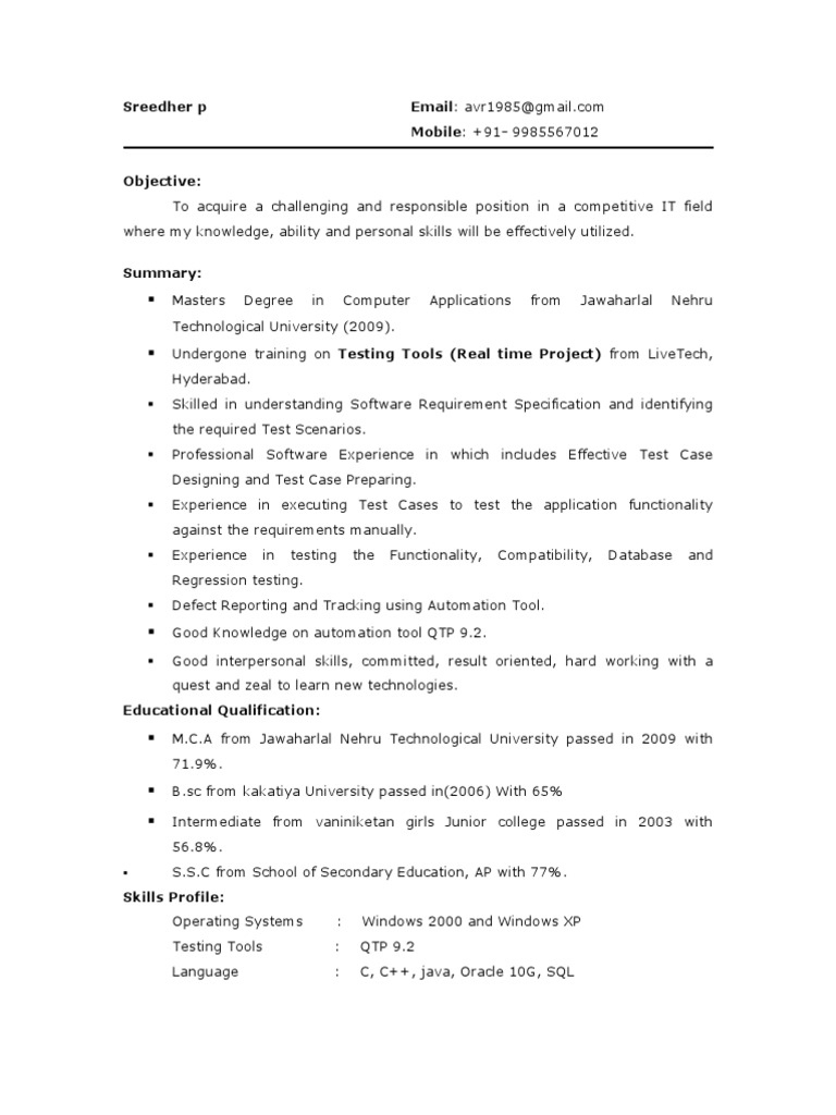 resume Resume For Testing testing fresher resume1 information technology management technology