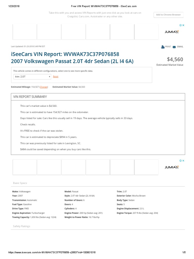 Free VIN Report - WVWAK73C37P076858 - IseeCars | PDF | Volkswagen ...