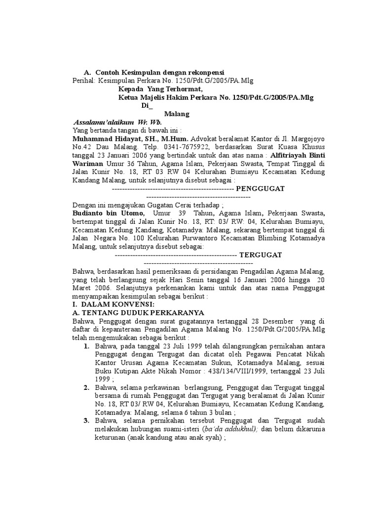  Contoh Kesimpulan  Dengan Rekonpensi