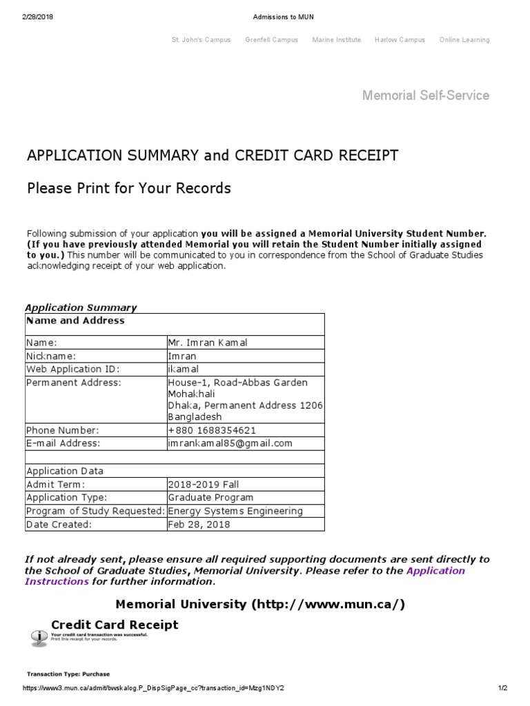 Admissions To MUN | PDF | Credit Card | Receipt