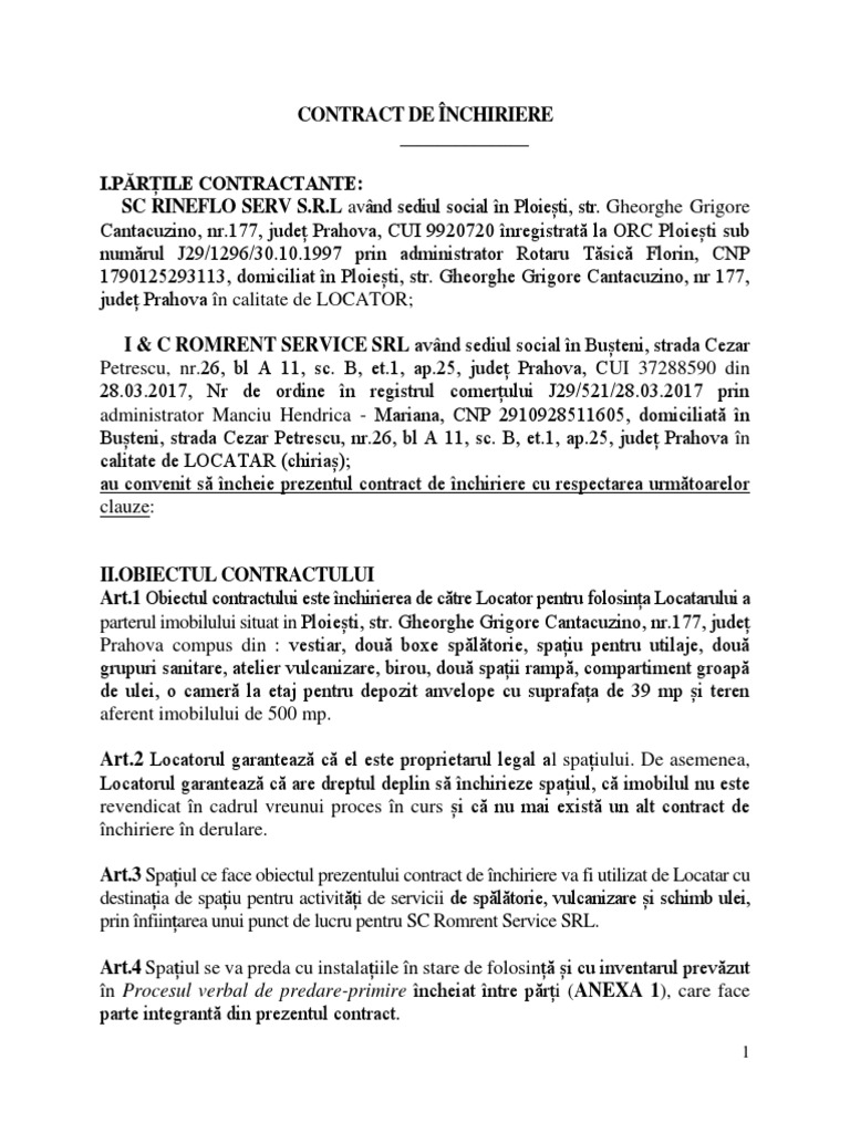 Contract De Inchiriere Rineflo Serv Srl