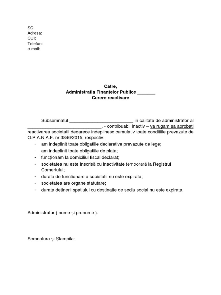 Cerere Reactivare | PDF