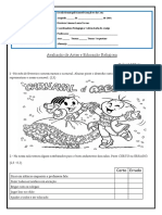 Avaliação de Artes e Ed. Religiosa 3 Ano Valor 3,0 2018