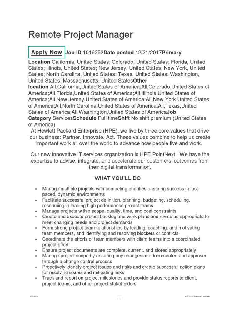 Remote Project Manager Jobs at HPE PDF Project Management Strategic Management