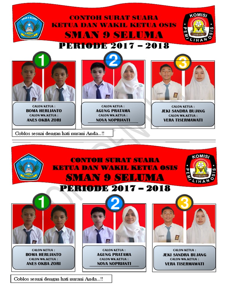 Contoh Surat Suara Pemilihan Ketua Osis Sma  Berbagai Suara