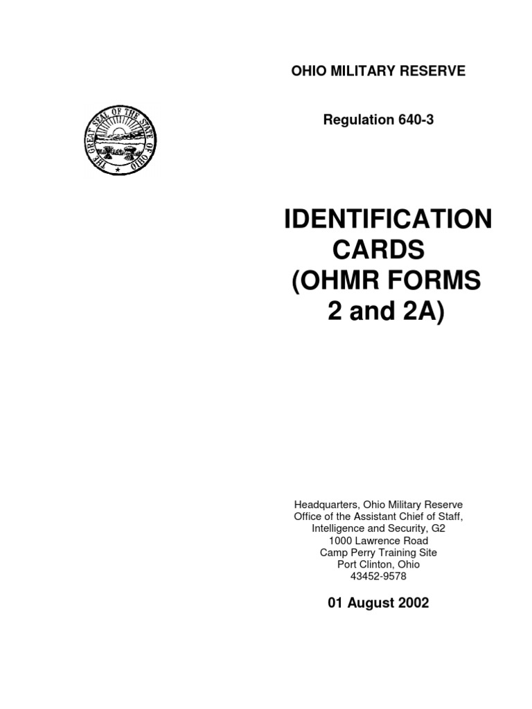Ohio Military Reserve (Identification Cards OHMR Forms 2 & 2A Regulation 6403) PDF Staff