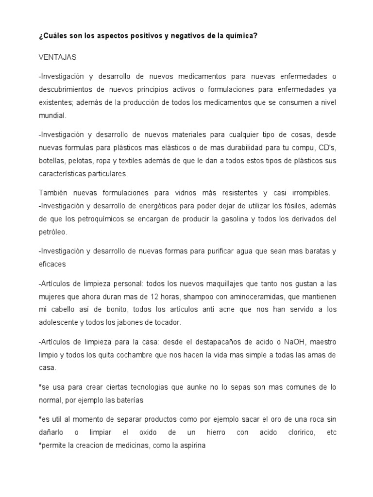 Cuáles son los aspectos positivos y negativos de la química