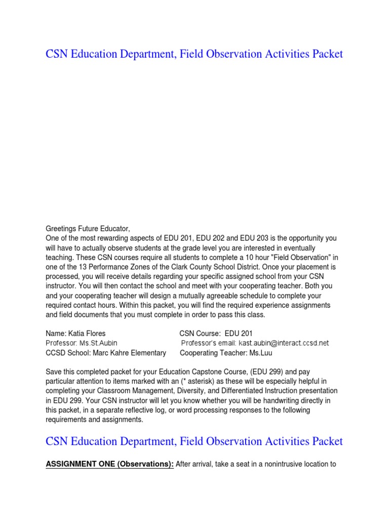 CSN Field Observation Guide for EDU Courses | PDF | Classroom | Schools