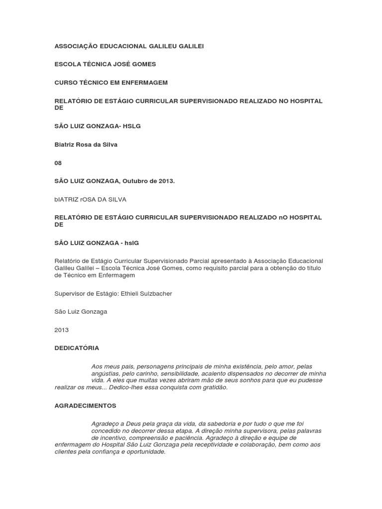 Relatorio de Estagio Tec Enfermagem | Enfermagem | Remédio