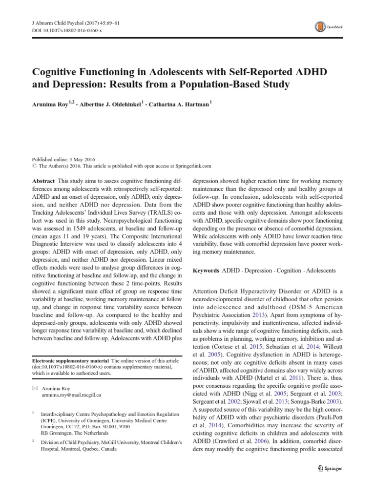Cognitive Functioning in Adolescents With SelfReported ADHD and ...