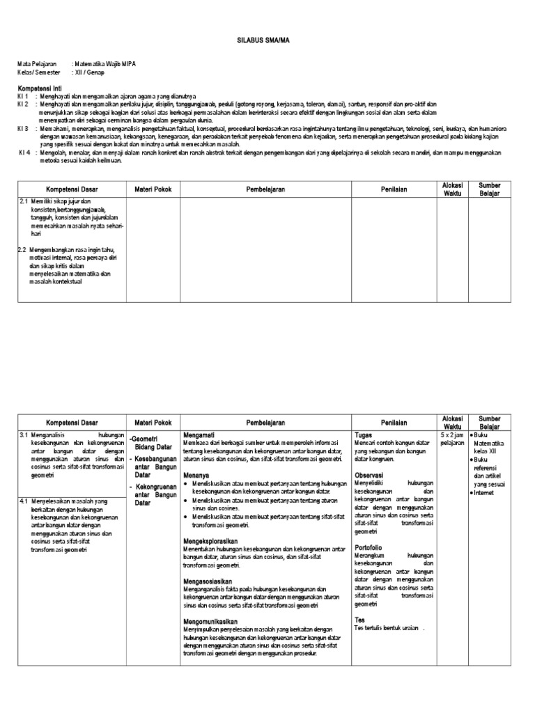 Silabus Matematika Sma Kelas Xii Semester 2 Wajib