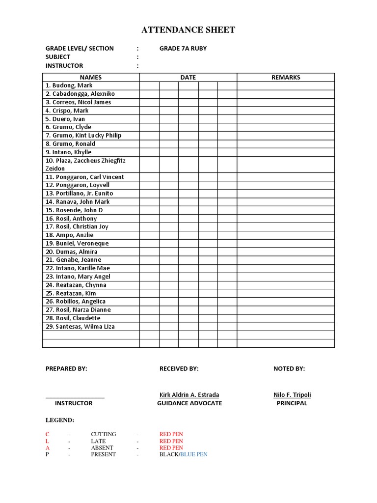 Grade 7a Ruby Attendance Sheet | PDF