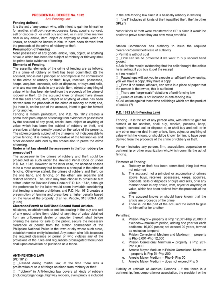 Anti-Fencing Law: Presidential Decree No. 1612 | PDF | Theft | Robbery