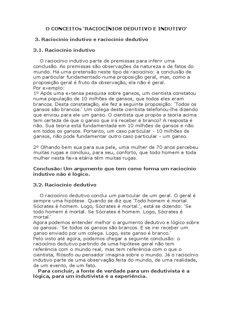 Raciocínios Dedutivo e Indutivo Explicados | PDF | Raciocínio dedutivo ...