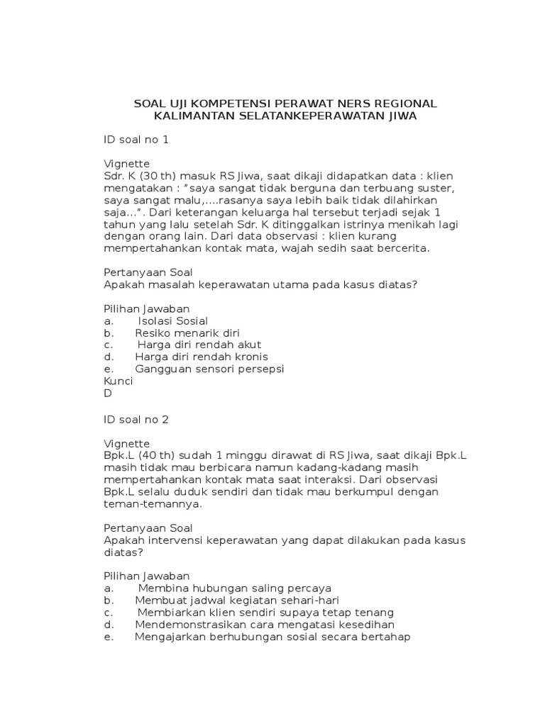 Soal Uji Kompetensi Perawat Ners Regional Kalimantan Selatankeperawatan Jiwa